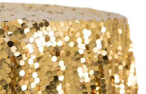 Gold sequin, large Payette, linen (Limited quantity available. Use for special tables eg. cake table) $250/linen